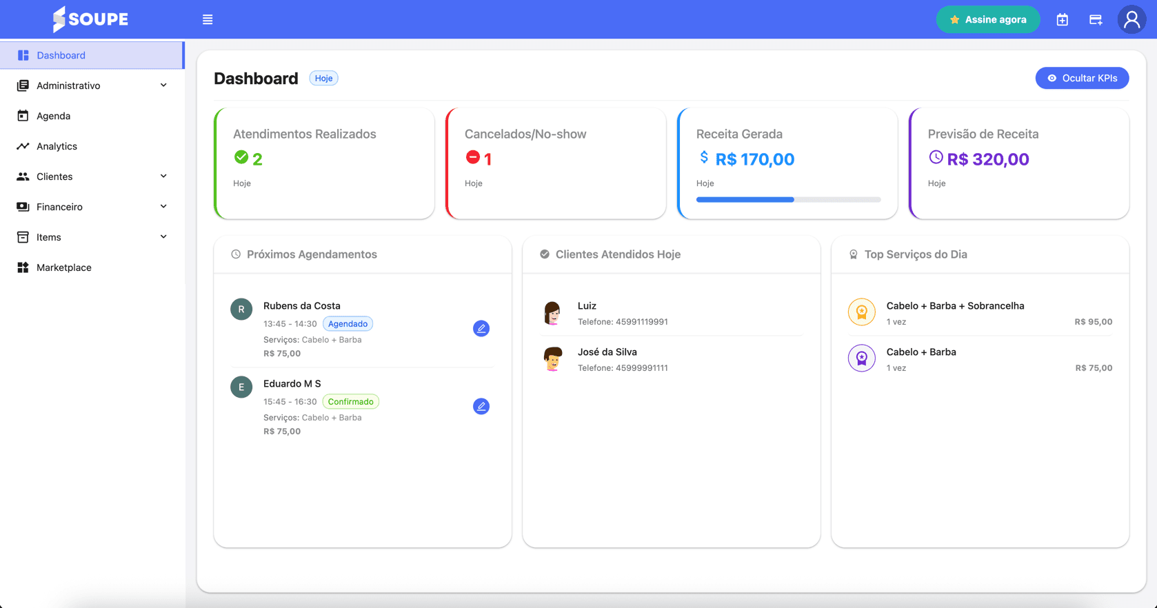 Dashboard da plataforma Soupe